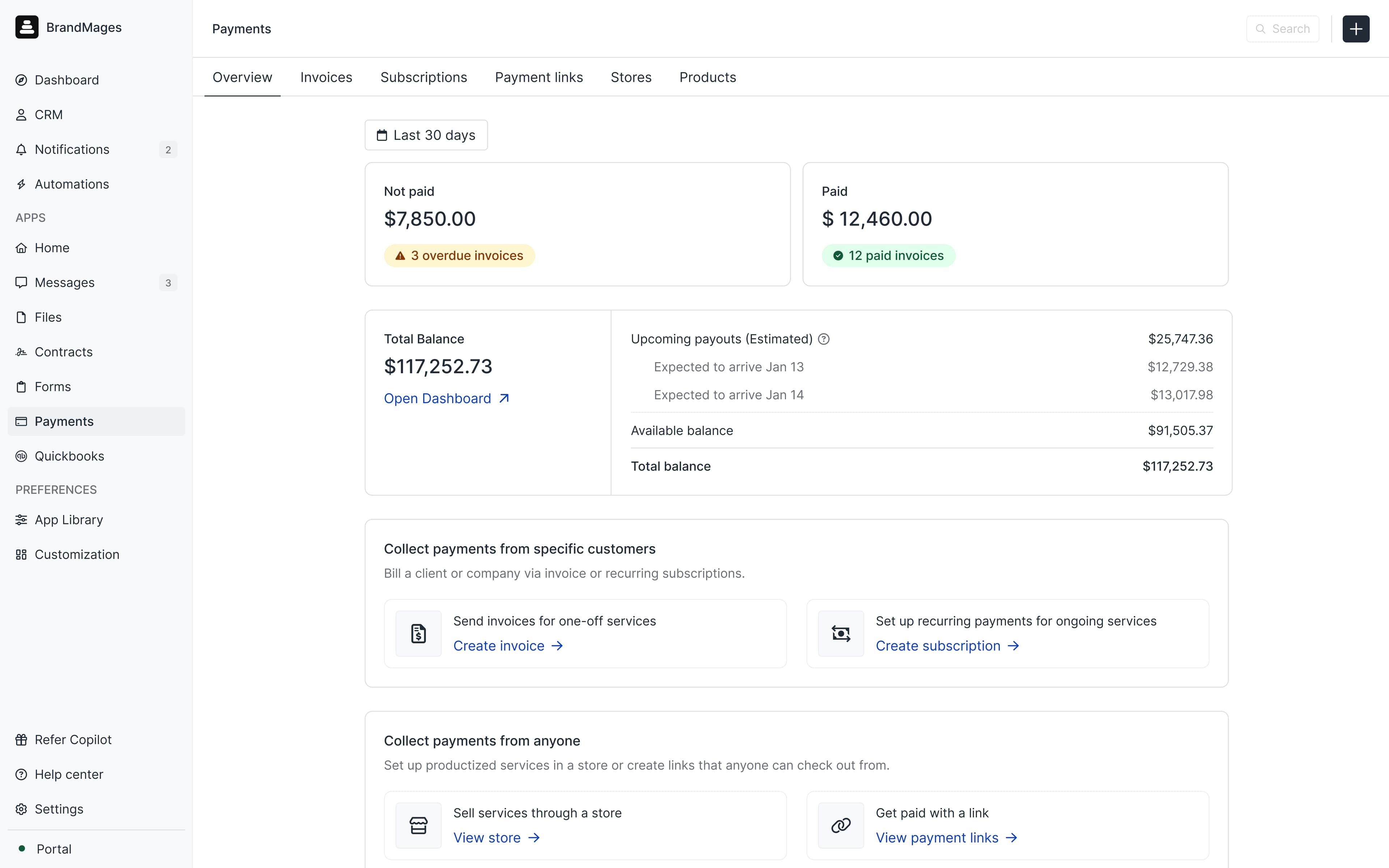 Payments Home Overview showing balance, invoices, subscriptions, and payment links