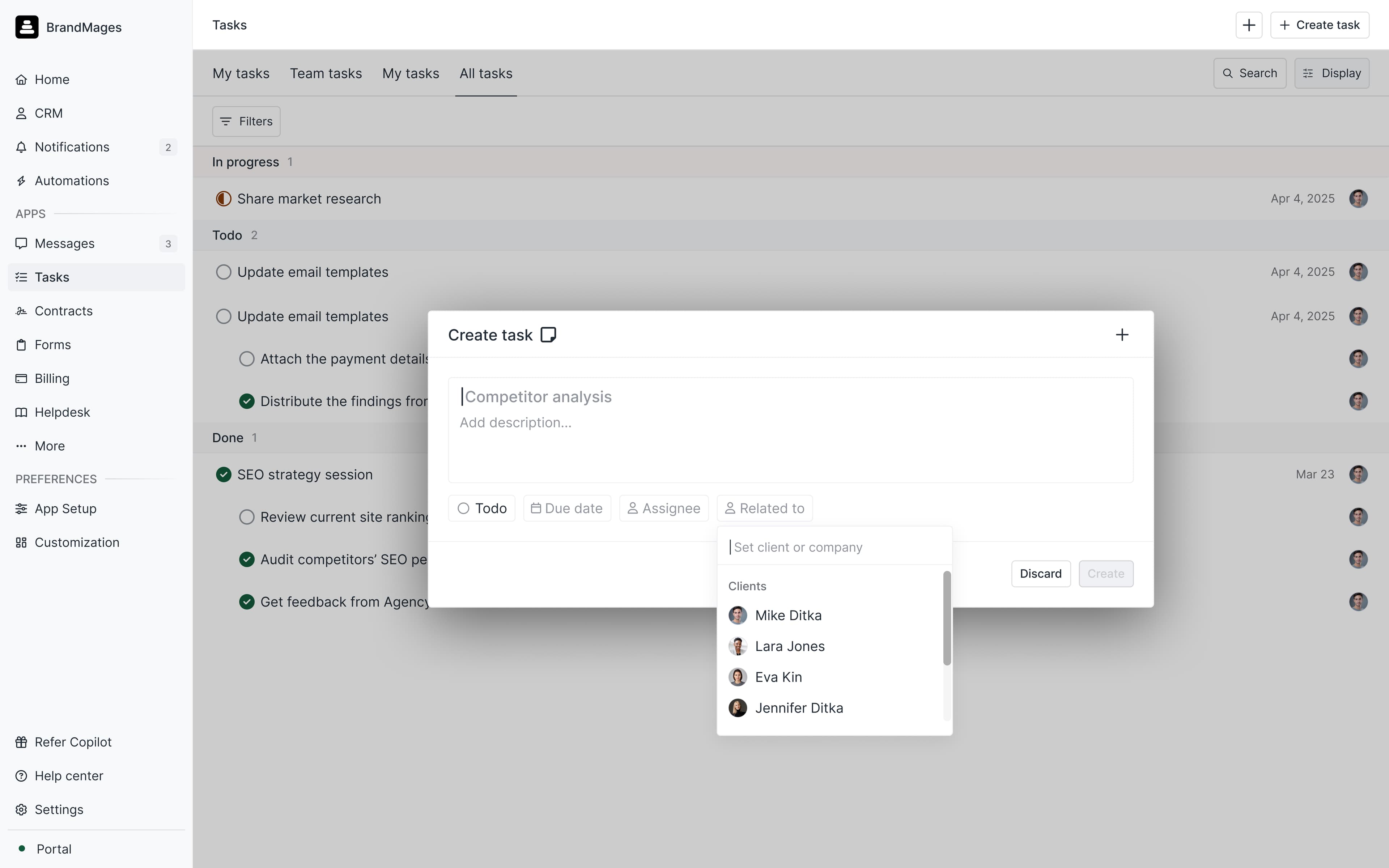 Task creation with client association